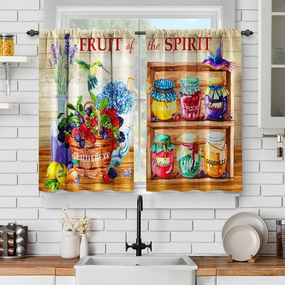 Rustic Colorful Fruit Kitchen Curtains - Hummingbird Lavender Flower Floral Retro Short Curtains Farmhouse Vintage Decor for Dining Room Rod Pocket Window Drapes 2 Panels Set, 28"x36"