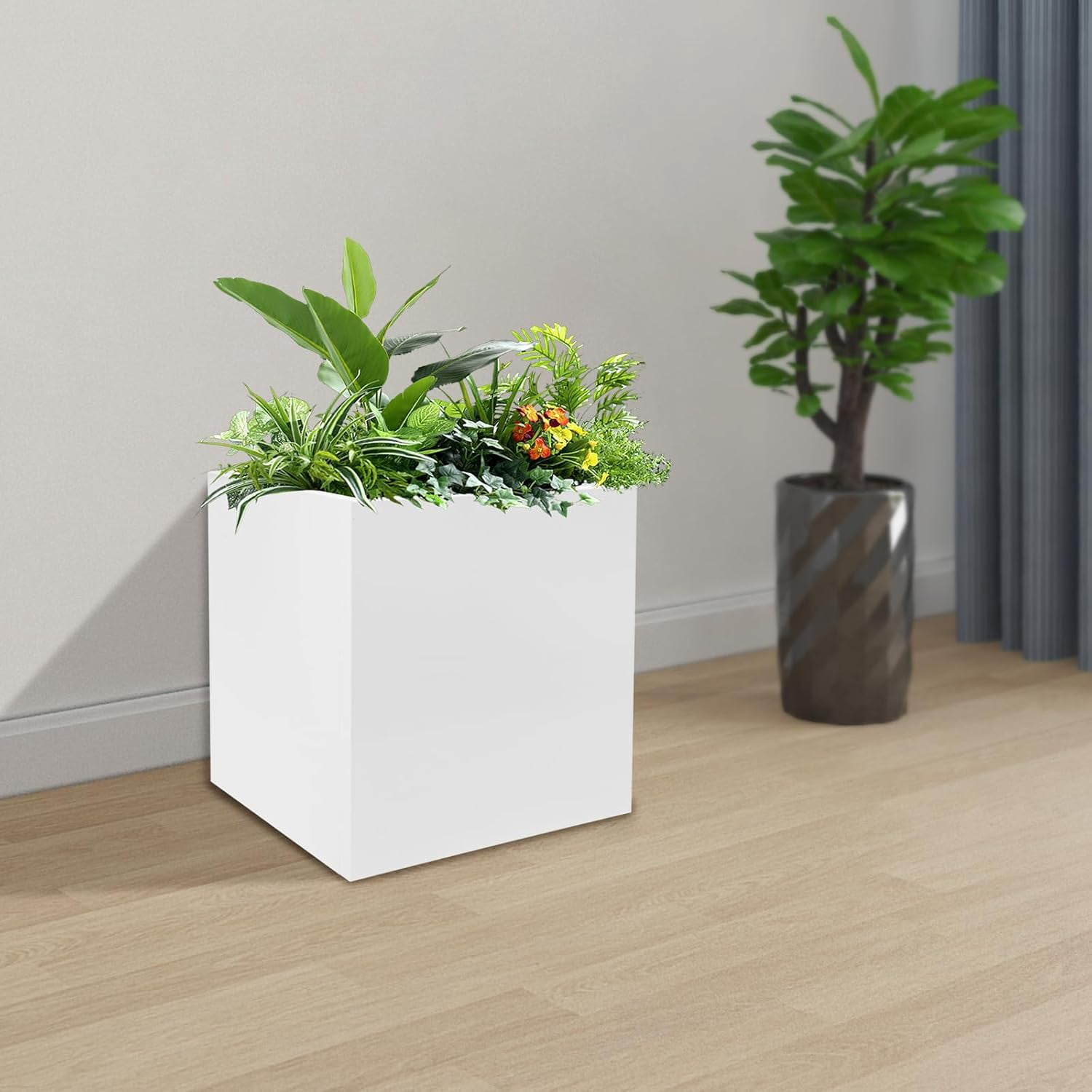 Large Black Square Planter, Cube Metal Planters Pot with Drainage Seams for Indoor and Outdoor, Heavy Duty Steel Flower Pots for Patio, Deck, Yard, Garden