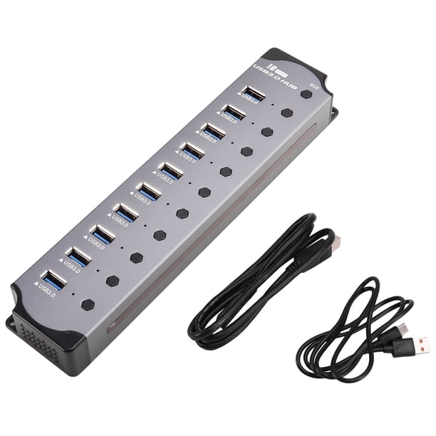 HUB USB 10 en 1 con Alimentación Adaptador USB de 10 Puertos Divisor USB Interfaz USB 3.0 Interruptor Individual RGB E-Marker Diseño Térmico