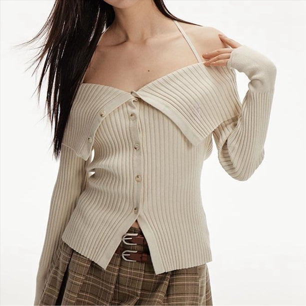 Suéter de Punto Acanalado Asimétrico para Mujer, Informal, Liso, Ajustado, de Larga. Albaricoque Talla Única
