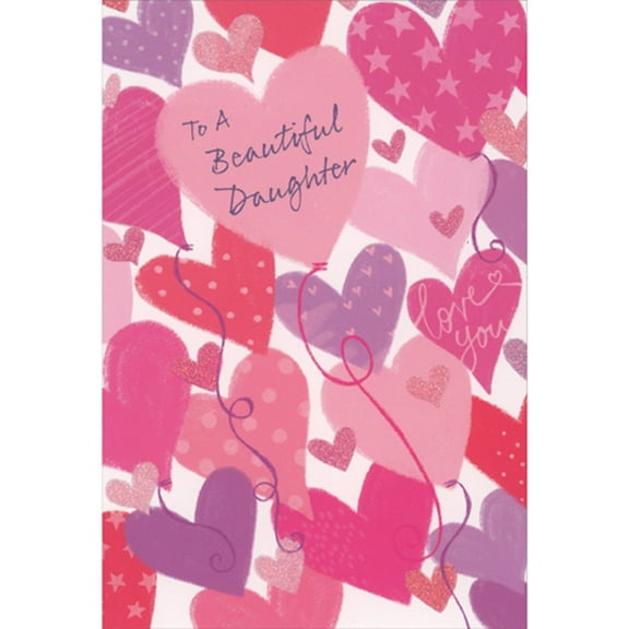 Pictura Pink Heart Balloons with Polka Dots, Stars and Hearts Valentine's Day Card for Daughter