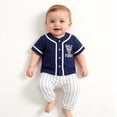 thumbnail image 5 of mgoYE 2Pcs Toddler Baby Boy Summer Baseball Outfit Set 6-12 Months Short Sleeve Baseball Button T-Shirt Top and Striped Pants Clothes Blue, 5 of 6