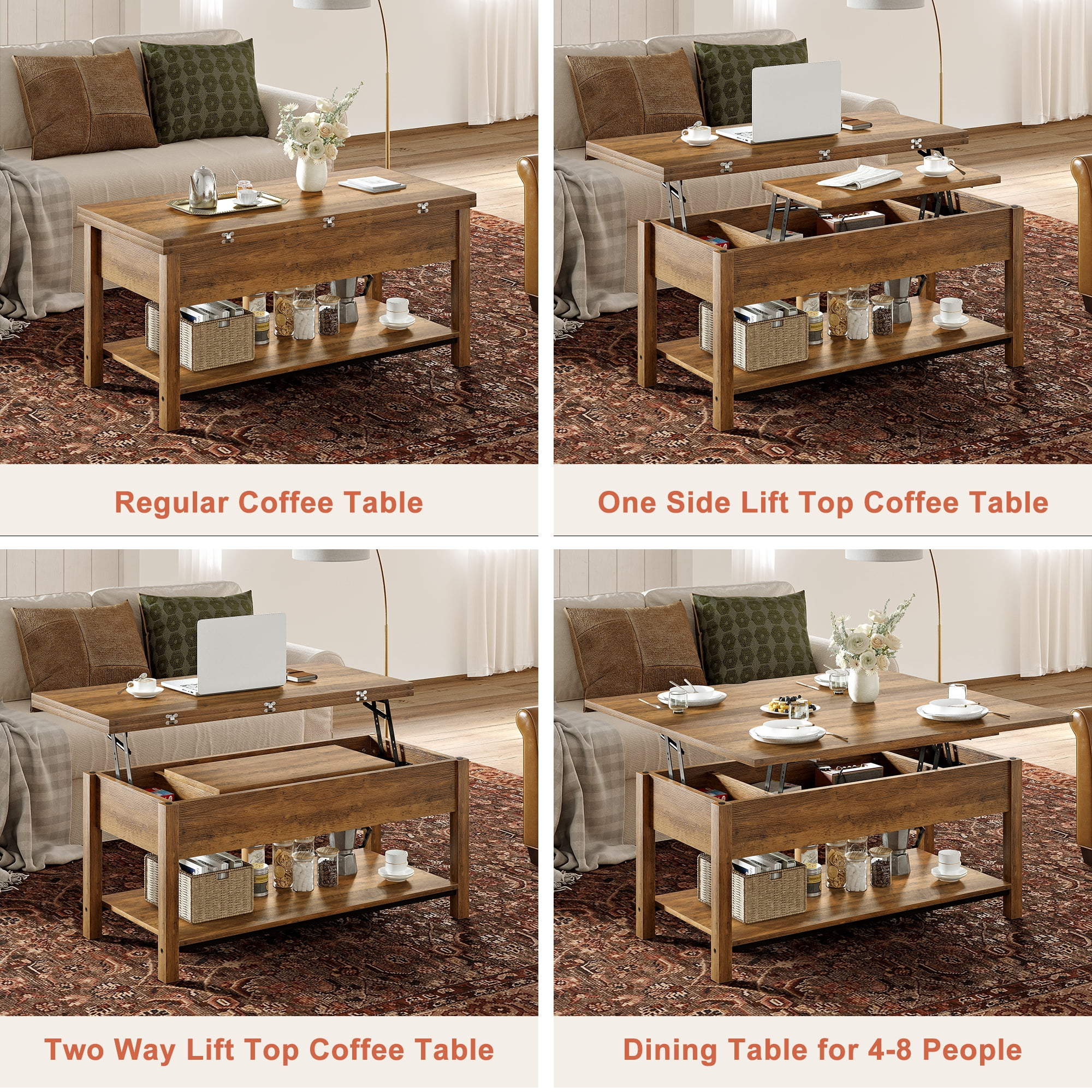 GUNAITO 40.9"Lift Top Coffee Table 4 in 1 Multi-Function Convertible Coffee Table with Hidden Storage Framhouse Coffee Table for Living Room Rustic Brown
