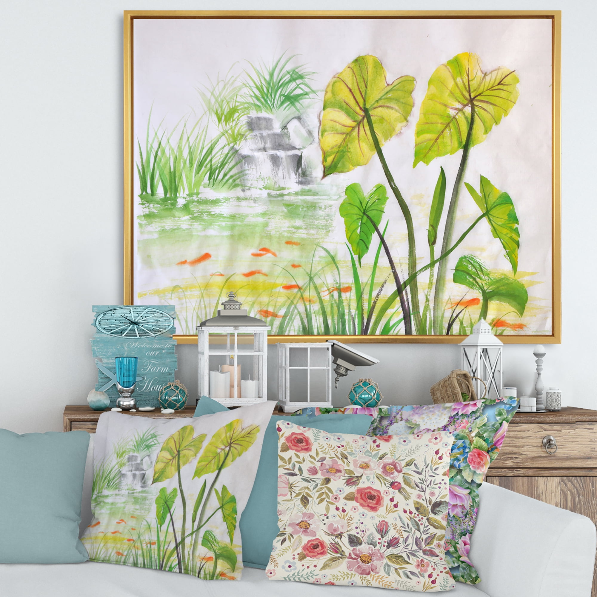 Designart 'Ancient Lotus Pond' Lake House Framed Canvas Wall Art Print