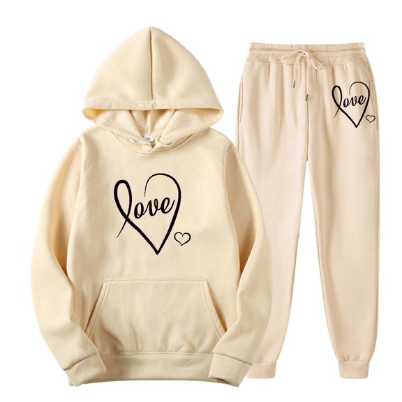 BLOCLOALO 2 Piece Lounge Set Long Sleeve Pullover Hoodie Sweatshirts Women's Outfits Casual Long Sleeve Pullover Hooded Sets Jogger Sets Graphic Hoodies Trendy Lounge Sets for Women Beige L