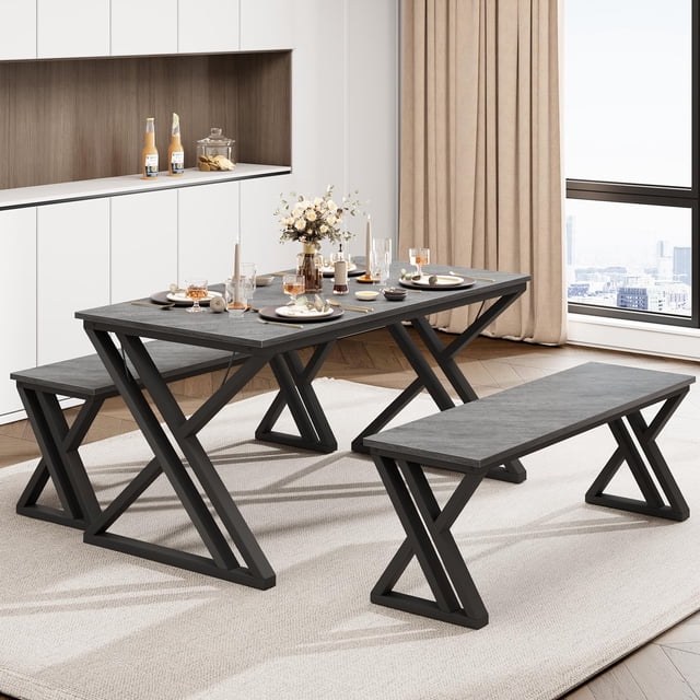 Juego de Mesa de Comedor y Banco para 4, Juego de Mesa de Cocina con 2 Bancos, Juego de Mesa de Comedor Rectangular con Estructura de Metal Resistente, Ahorrando Espacio para la Cocina