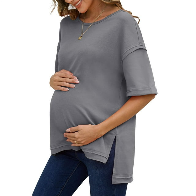 Camiseta Holgada de Algodón de Color Liso con Cuello Redondo y Aberturas Laterales, Gris XXXL