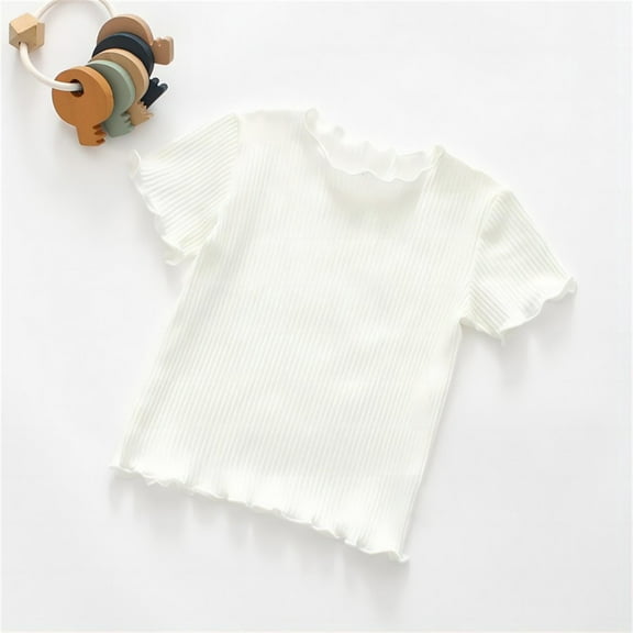 XIMIN Kids Girls Round Neck Shirts Cute Rib Knit Lettuce Trim Short Sleeve Wooden Ears Edge Blouse Tops Fashion Crewneck Solid Color Blouse Summer Stretch T-Shirt