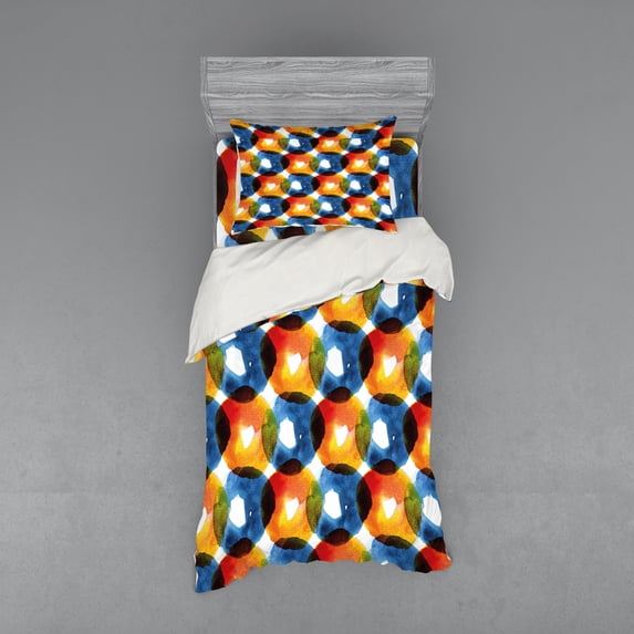 Ambesonne Modern Bedding Set 3 Pcs, Watercolor Ring Shapes, Twin, Orange Blue