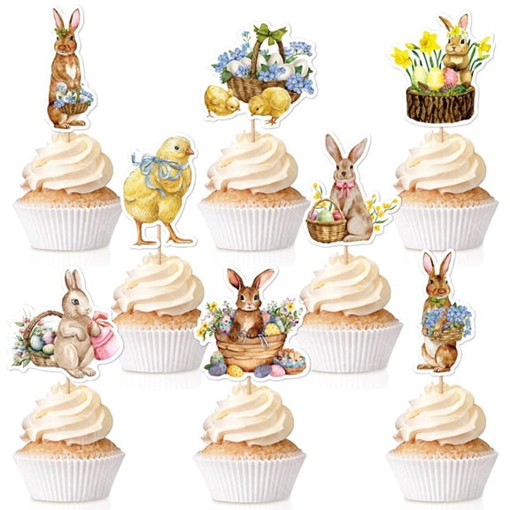 8Pcs Easter Bunny Cupcake Picks - Cute Rabbit & Carrot Decorations with Eggs for Happy Easter Birthday Party Decor.