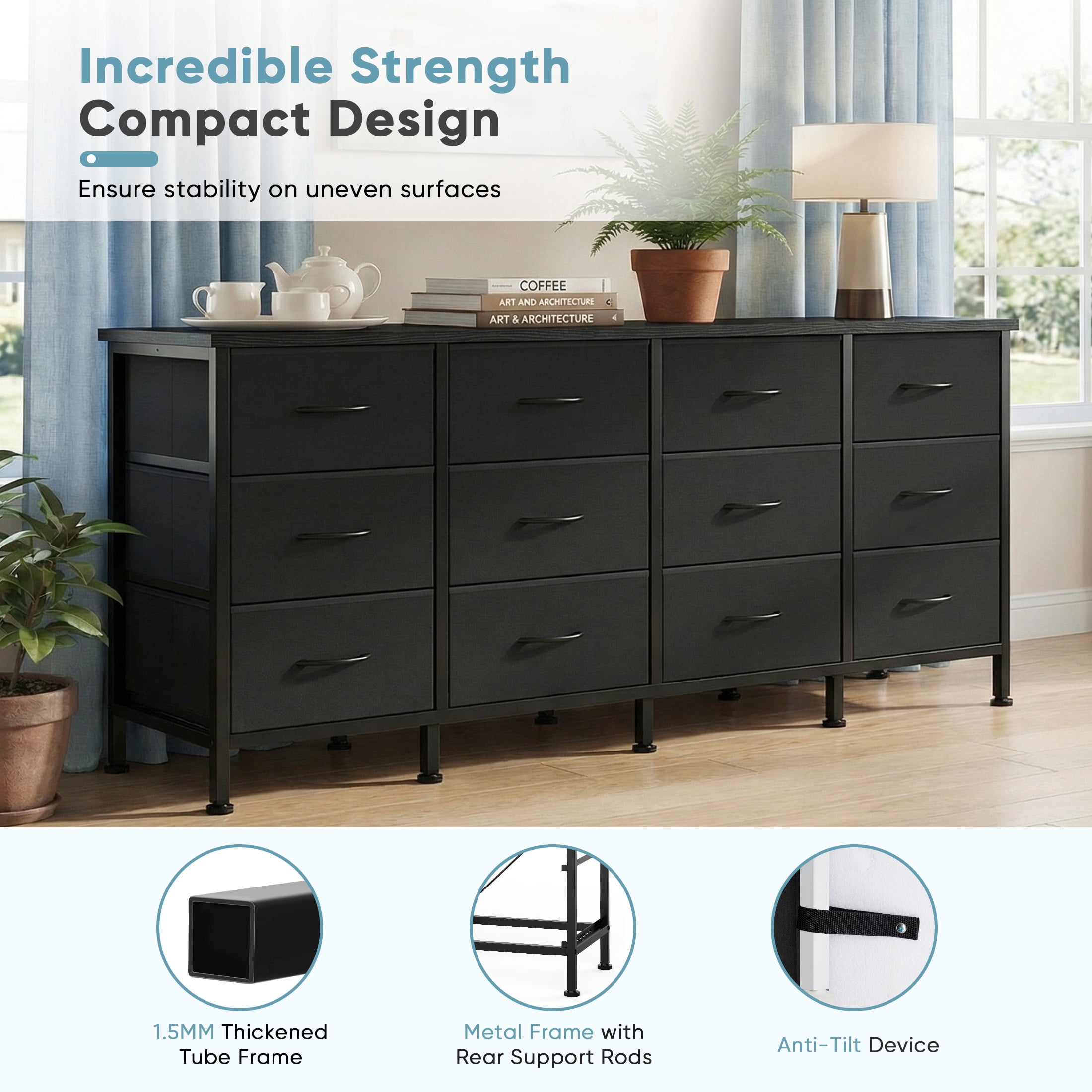 CONCETTA 12 Drawer Storage TV Dresser, Metal Frames Resist Deformation, Adjustable Feet Prevent Tipping, Accommodates TV Up to 80 inch, Suitable for Living Room,Black