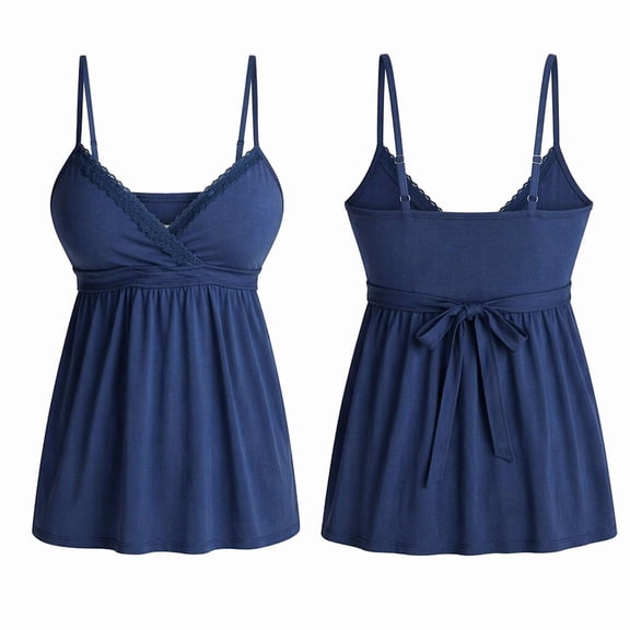 JSheng Women's Spaghetti Strap Babydoll Top V Neck Sleeveless Cami with Lace Trim and Tie Front Women Summer Tank Tops Z-Navy L