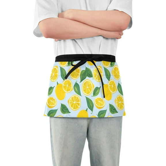 Leaf and Lemon Slice Server Apron with 3 Pockets Waterproof Waitress Waist Short Apron for Man Woman 12 Inches