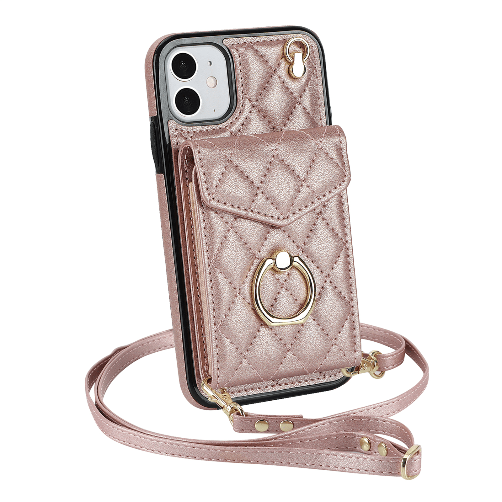 Asuwish Wallet RFID Blocking PU Leather Cell Phone Case with Tempered Glass Screen Protector, Wrist Strap for iPhone 11, Rose Gold