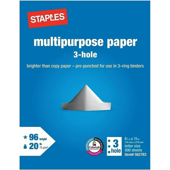 Staples Multipurpose Paper, 8 1/2 x 11, 3-Hole Punched, Ream