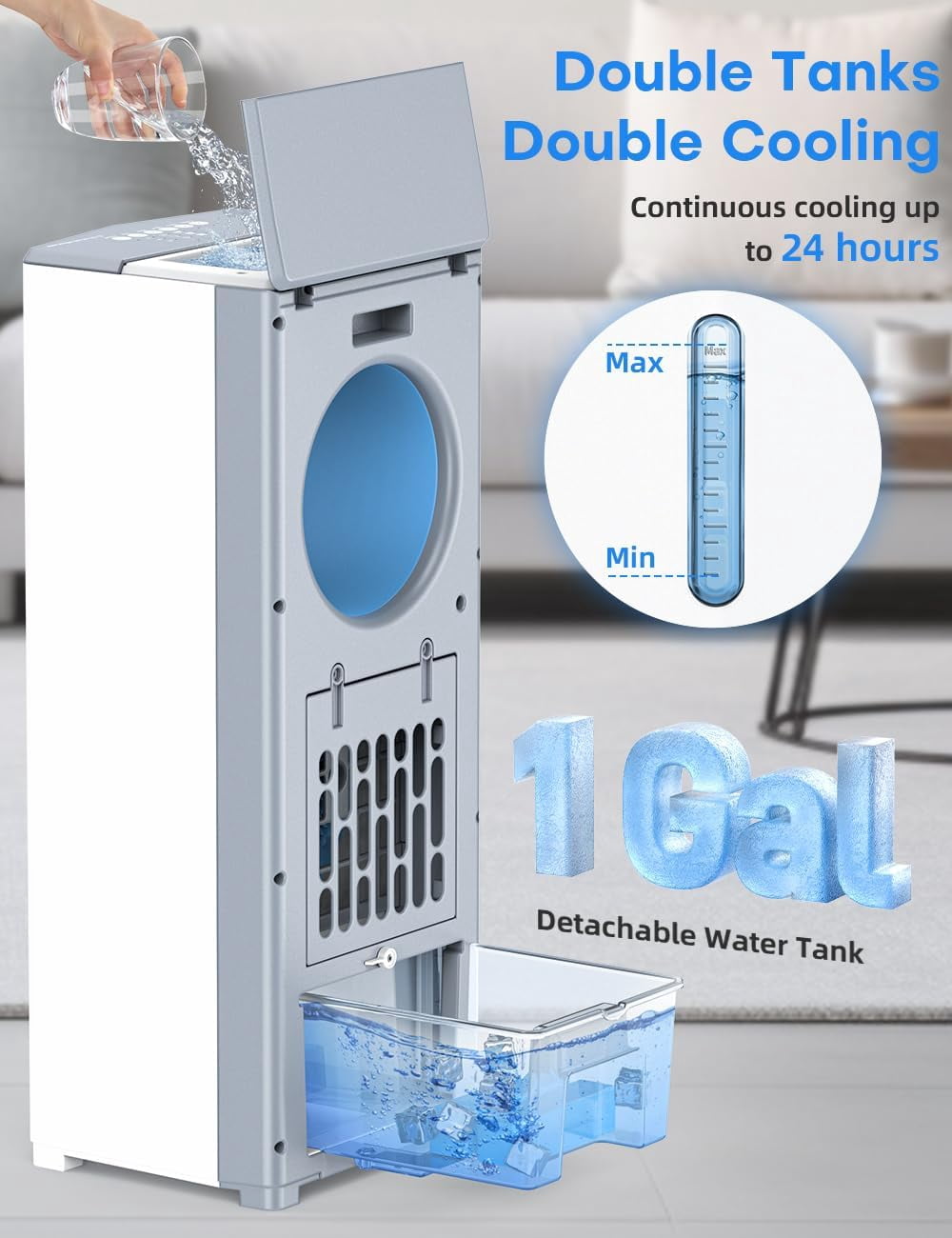 Windowless Portable Air Conditioner, 27" Bladeless Evaporative Air Cooler, Dual Tanks for 24H Cooling, 4 Modes & 3 Speeds, 25FT Remote&Timer, 360° Swing Swamp Cooler Air Cooler Indoor