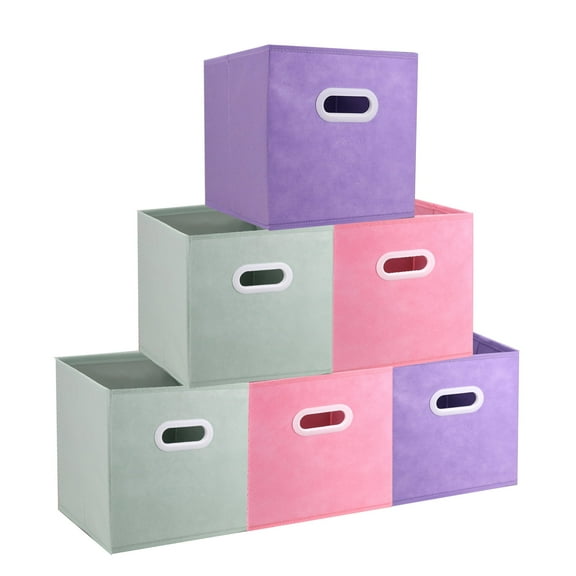 Lourome Storage Cubes, 11-inch Cube Storage Bin, 6 Sets Foldable Fabric Storage Cubes With Handles, 6 Cube Storage Organizer, Storage Cube Bins for Toys, Clothes and Books. (Purple Pink Cyan）
