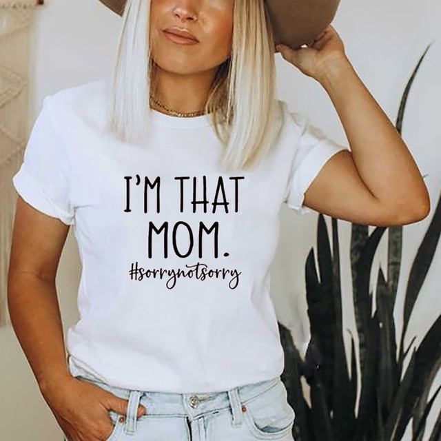 Pompotops T-Shirts "I Am That Mom" pour la Fête des Mères, Imprimé Graphique Lettre, Manches Courtes, Col Rond, Blouse Décontractée d'Été