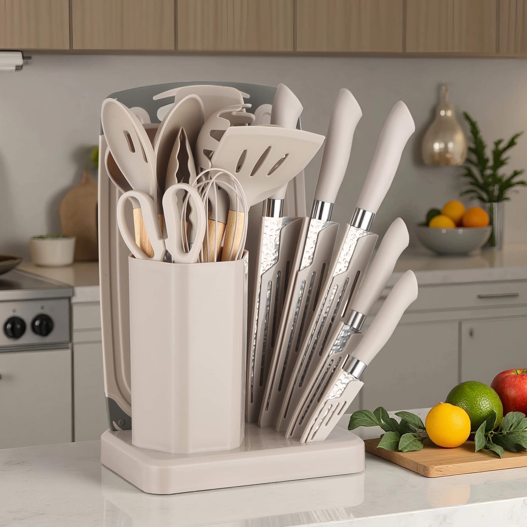HEESEM 23 PCS Silicone Utensils Kitchenware Set with Removable Knife Cover, Non-Stick Heat Resistan Tools-Khaki