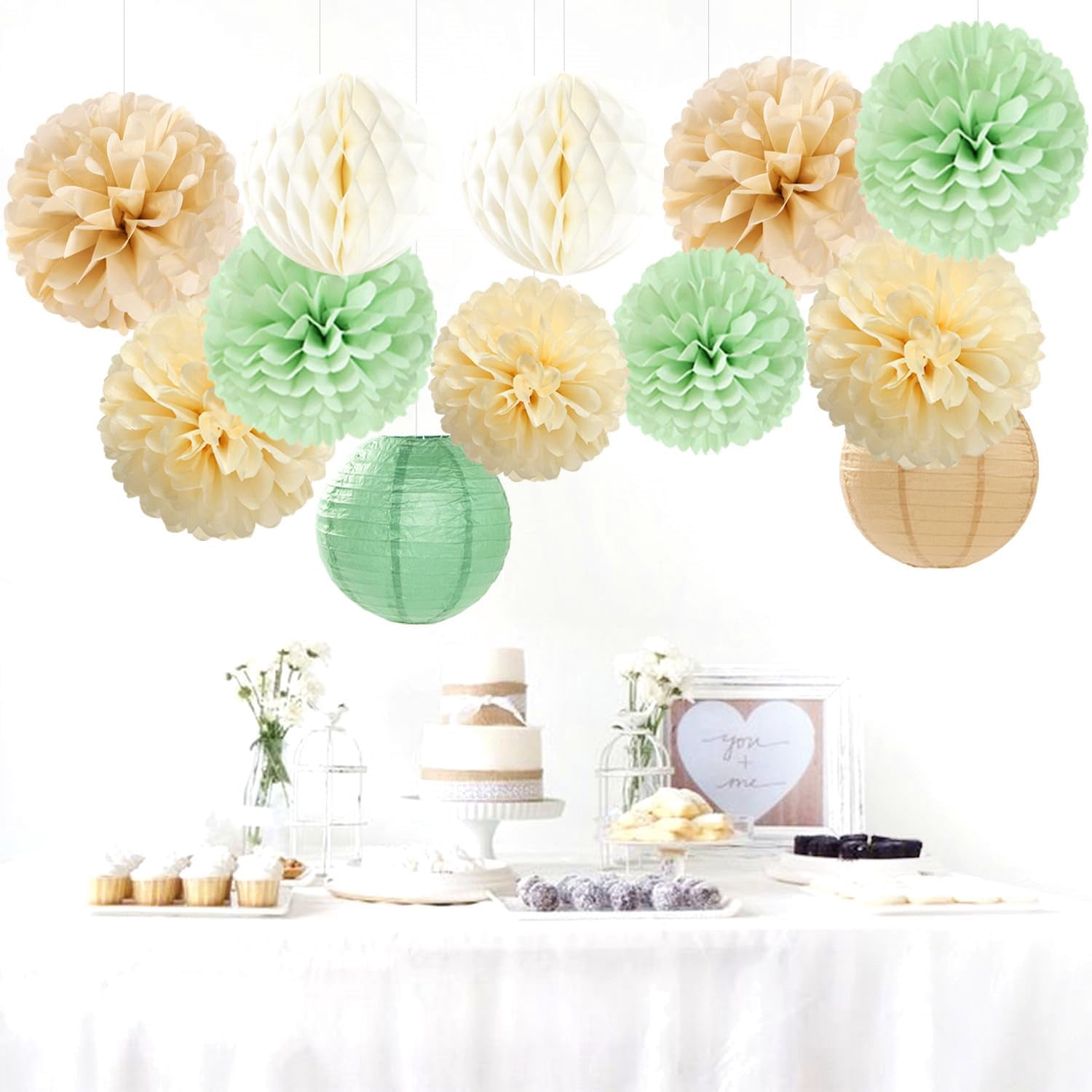 Sage Green Boho Party Decorations Paper Flowers Lanterns 15PCS Safari Rustic Neutral Baby Shower Tissue Pom Poms Streamers Champagne Gold Birthday Wedding Graduation Hanging Decor Supplies