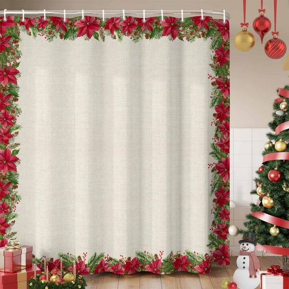 Christmas Poinsettia Shower Curtain, Green Xmas Botanical Pine Cones Waterproof Fabric Shower Curtains with 12 Hooks, Bathroom Curtain Set for Bathroom Accessories Decor, 60 x 72 Inches