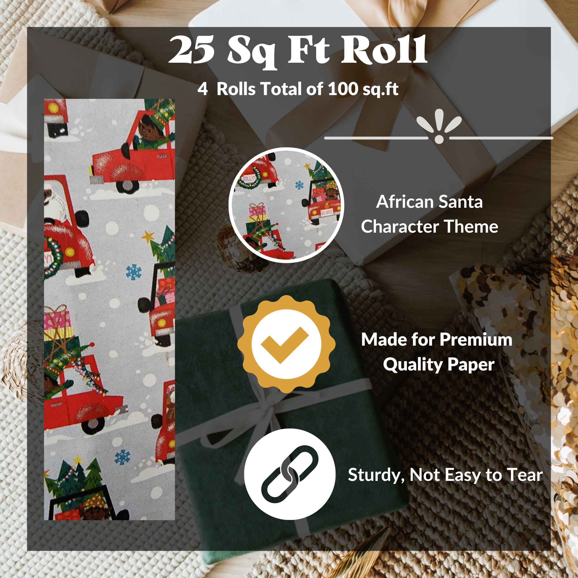 African Santa Wrapping Paper, 4 Rolls Premium Paper Cartoons Gift