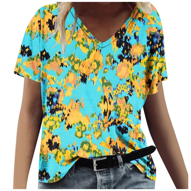Tops Florales para las Mujeres, Casual V-Cuello Camiseta de Manga Corta Blusa de Moda Hecha de Estante de Imitación para Toda la Temporada de Uso Diario, Tops Cortos para las Mujeres