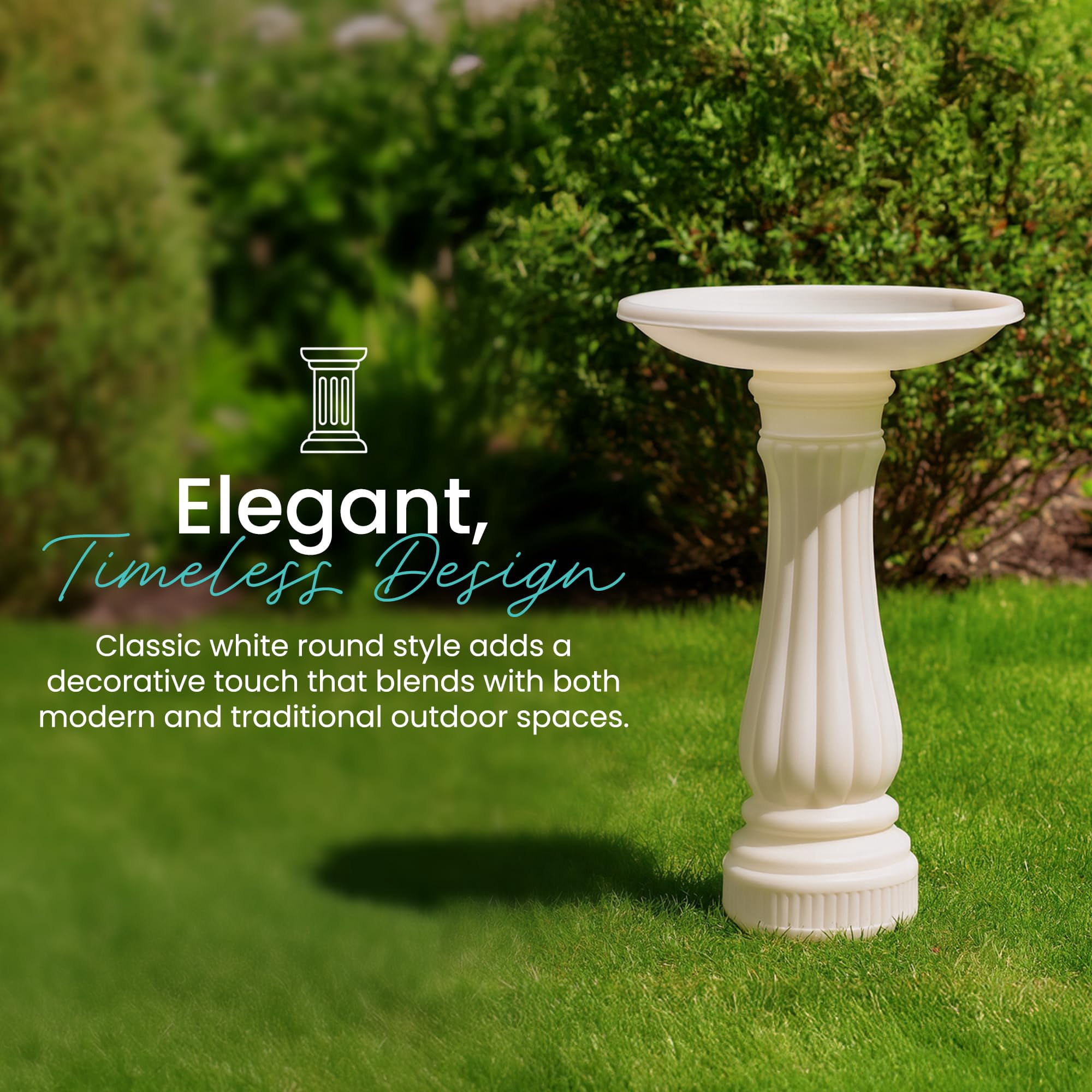 Union Products Bird Bath for Outside, Round Outdoor Patio Lawn and Garden Decor with Fillable Base for Stability, 17"D x 25"H, White