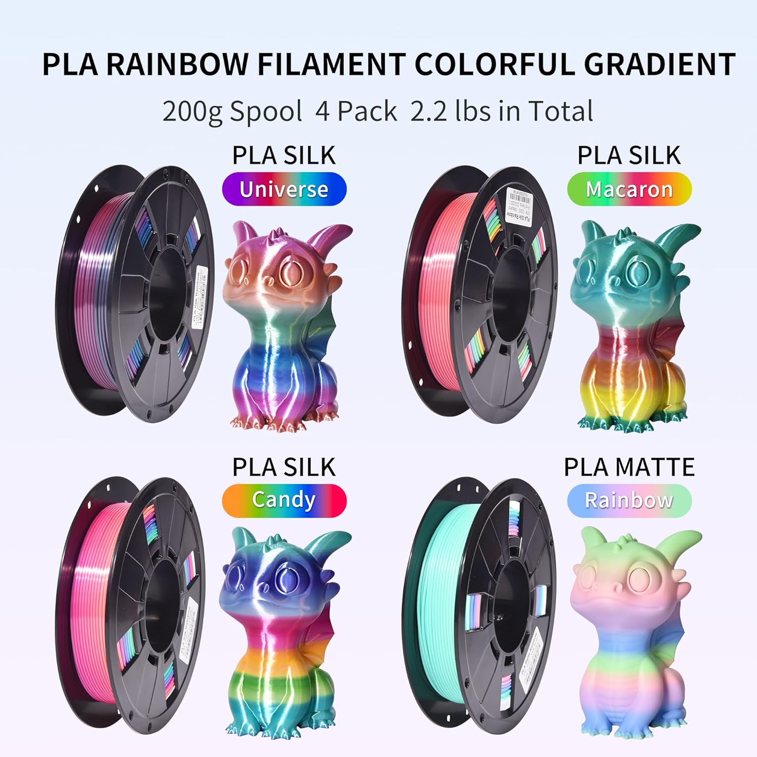 4-Pack Silk Matte Rainbow PLA Filament 1.75mm, Multicolor Fast Color Change 3D Printer Filament, Toughness Upgraded, 1.75mm 200g x 4 Spools (1.76 lbs)