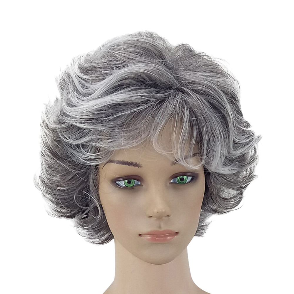 ¡Liquidación 2024! Peluca de cabello humano gris, peluca completa de mujer, rizada, sintética, corta, natural, peluca con banda 7