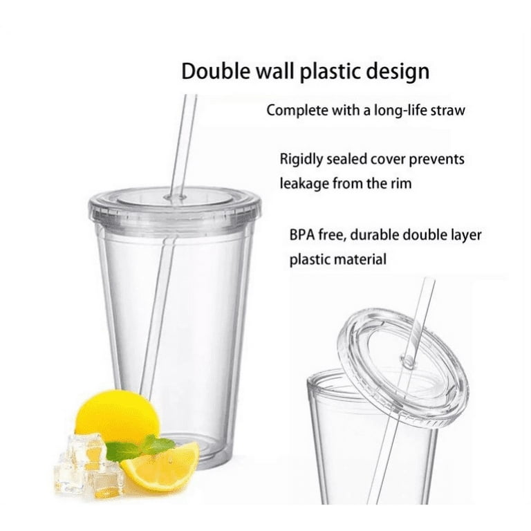 16 Oz Double Wall Reusable Plastic Clear Tumblers with Straw for