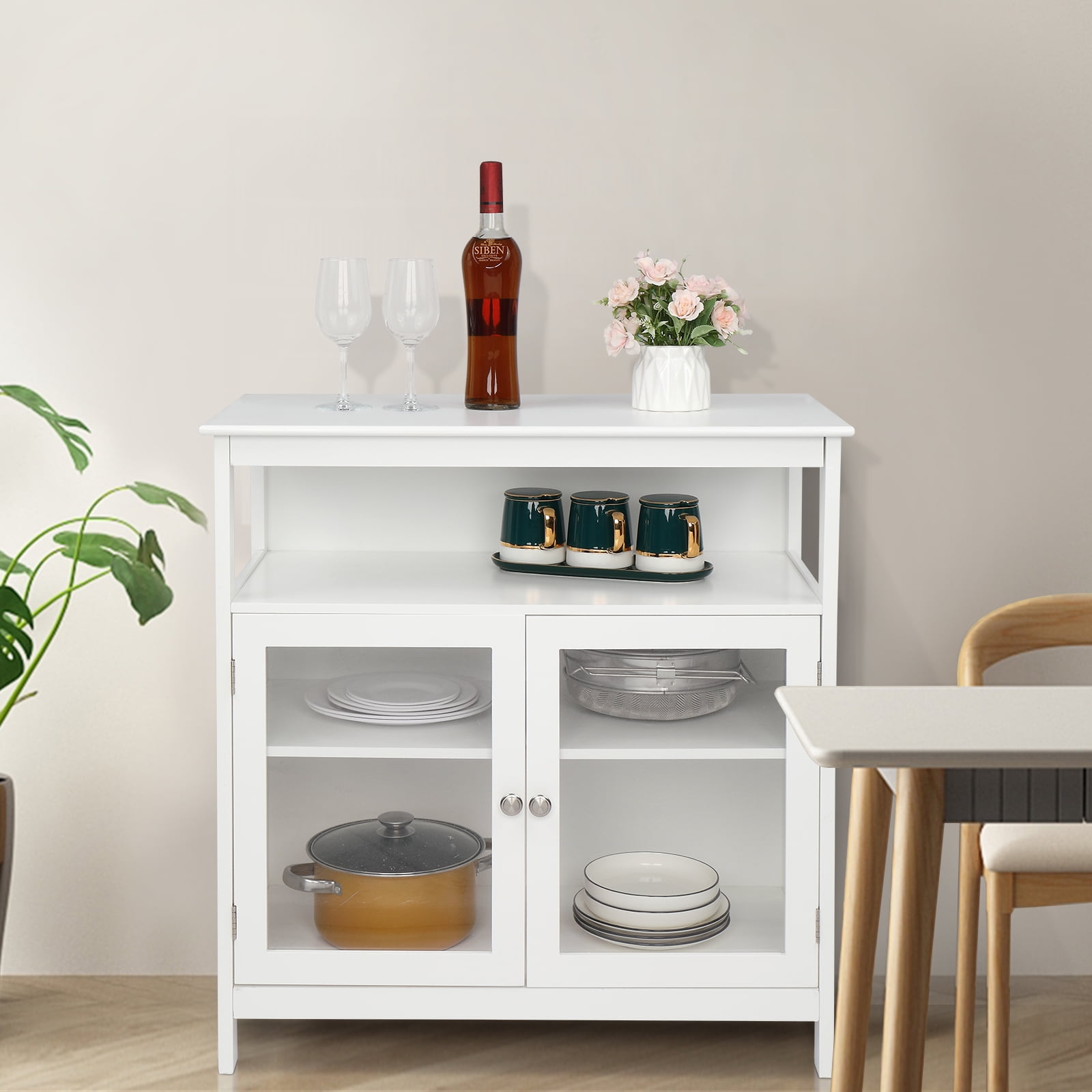 Kepooman Contemporary Sideboard, Transparent Double Doors Buffet Credenza With Middle Storage Layer MDF NC Spray Paint Sideboard, White Kepooman Contemporary Sideboard, Transparent Double Doors Buffet Credenza With Middle Storage Layer MDF NC Spray Paint Sideboard, White
