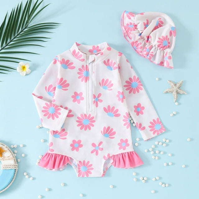 Girls Rash Guard Bathing Suits Fashion Long Sleeve Sun Protection Toddler Bathing Suit Girl 18-24 Months