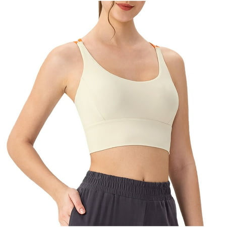 JGGSPWM Women s Sports Cropped Tank Tops High Support Workout Tank Tops Built in Bra Padded Strappy Yoga Crop Top Cross Back Gym Shirts Beige S