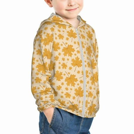 

Uemuo Autumn Fall Yellow Leaves Pattern Rash Guard for Boys Girls Long Sleeve Swim Shirts UPF 50+ UV Sun Protection Hooded Fishing Shirt with Pocket for Kid-4 Years