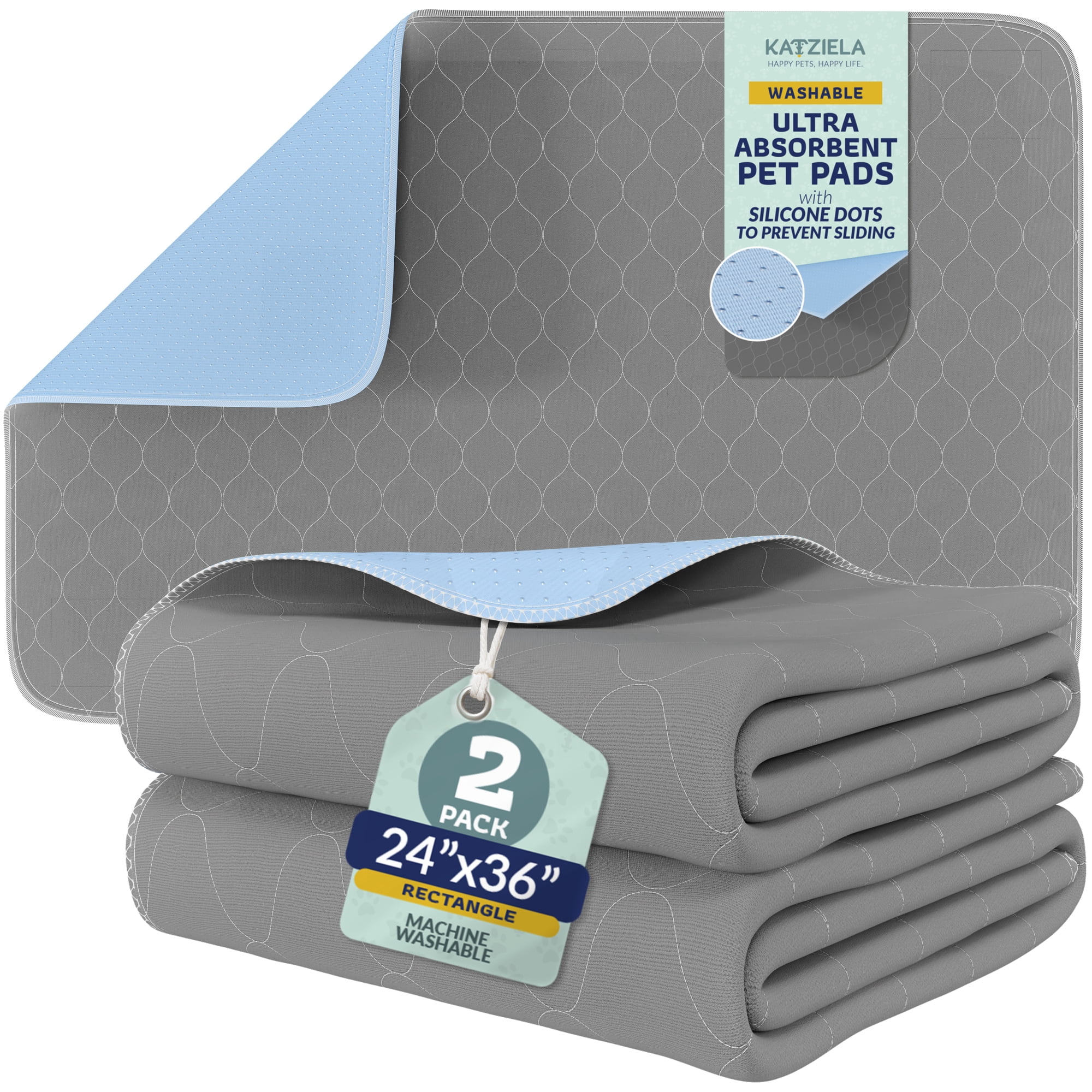 Katziela Quick-Drying Washable Pee Pads for Dogs (2 Pack 24x36 Rectangular) Waterproof Reusable