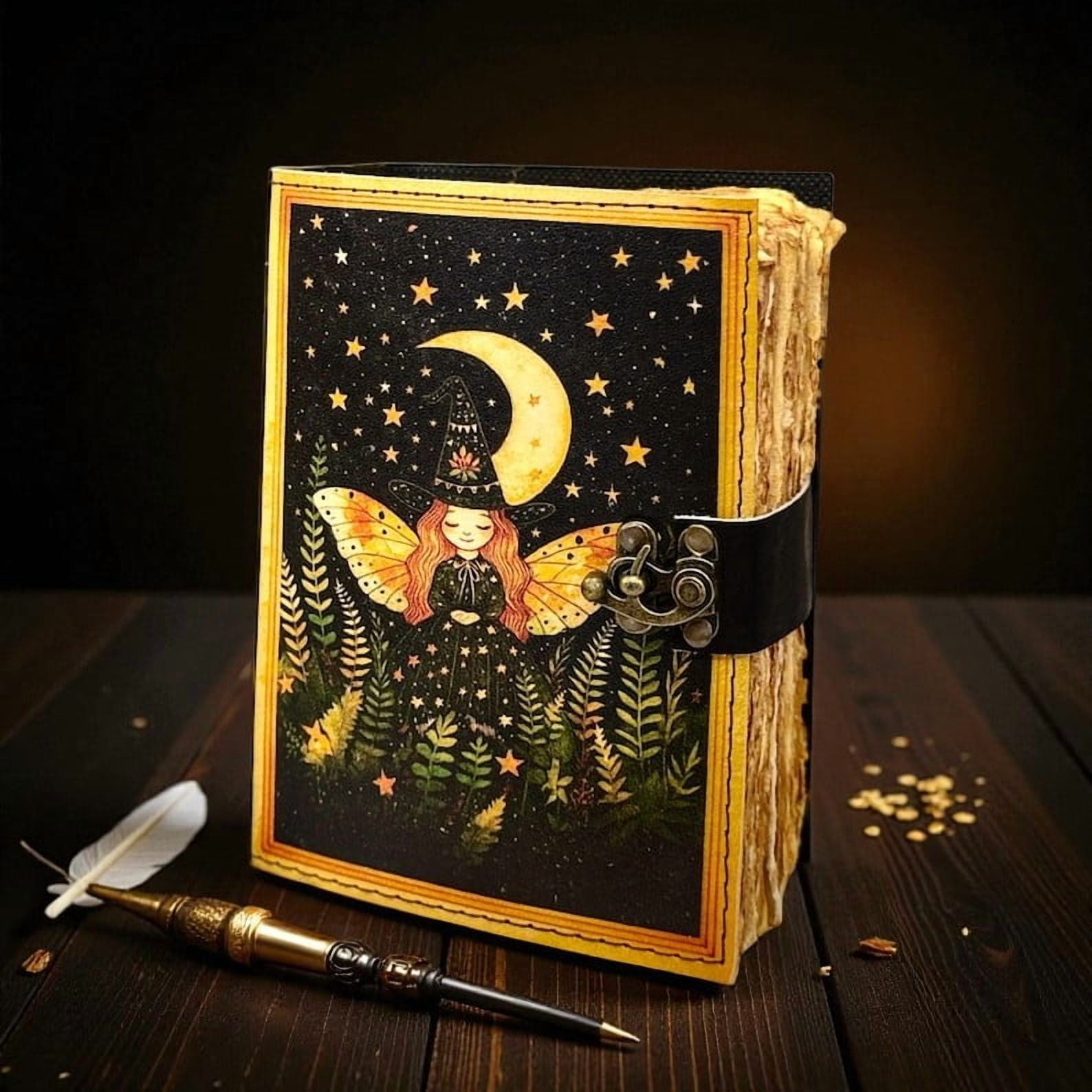 Witchy Leather Grimoire Journal – Handmade 5x7 Inch Spellbook, 200 Deckle Pages, Wiccan Pagan Notebook, Gothic Witchcraft Journal,