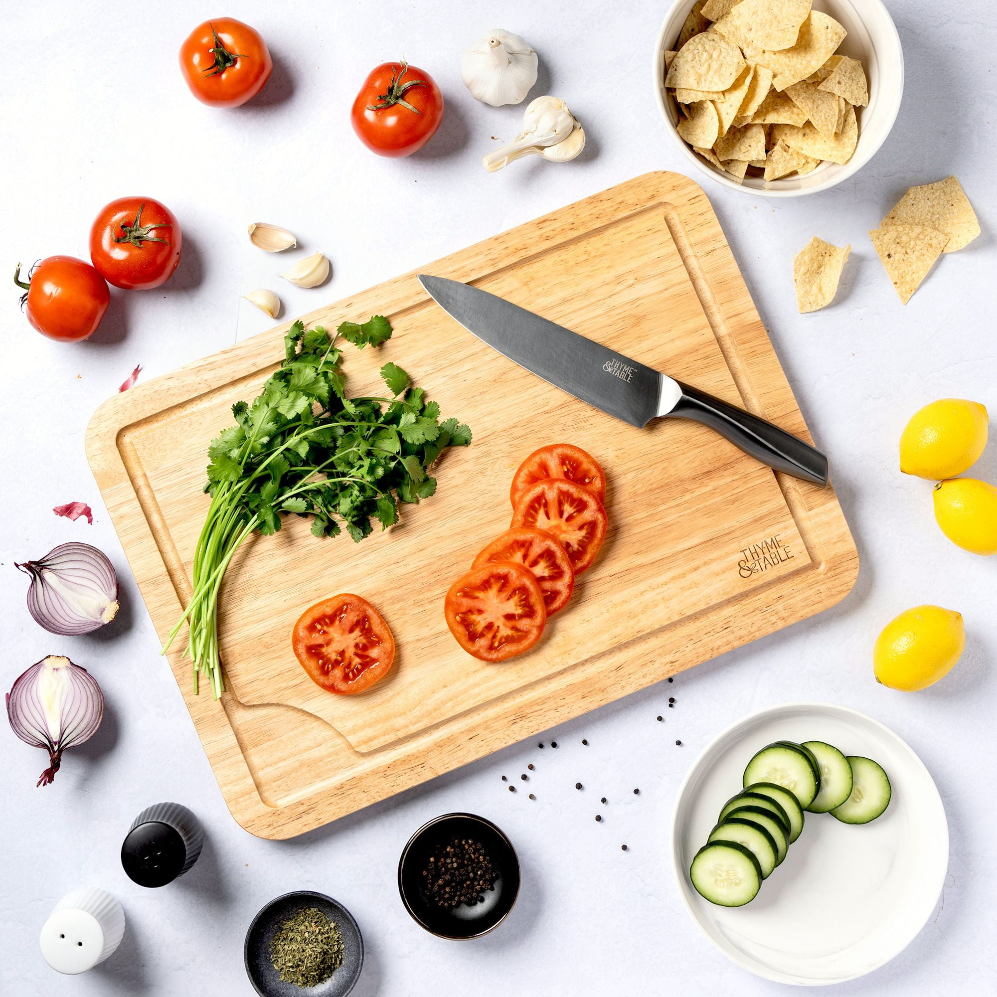 Thyme & Table Extra Large 14"x20" Rubberwood Cutting Board with Anti-Slip Grips