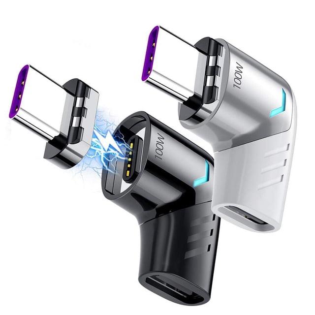 Adaptador magnético Usb C (paquete de 2) Conector tipo C Soporte de ángulo recto Usb Pd 100W Carga rápida y transferencia de datos de 480Mb / S Compatible con teléfonos móviles Usb-C, computadoras por Namotu CZDZ-ZH57