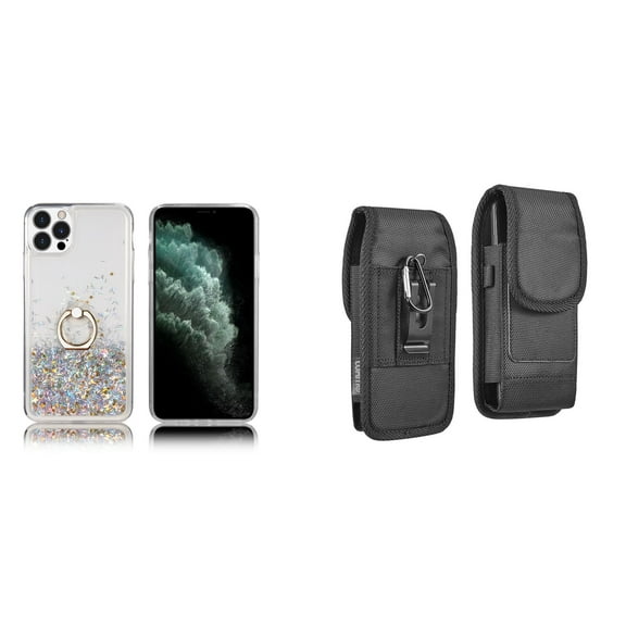 Waterfall Liquid Glitter Stand Case and Belt Holster Pouch for iPhone 14 Pro - Silver