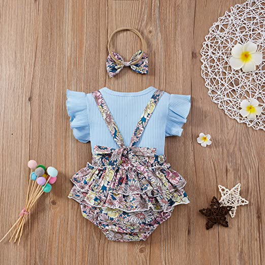 Newborn Baby Girls Summer Clothes Sets Ruffle Sleeve Top T-Shirt Floral Suspender Shorts Headband 