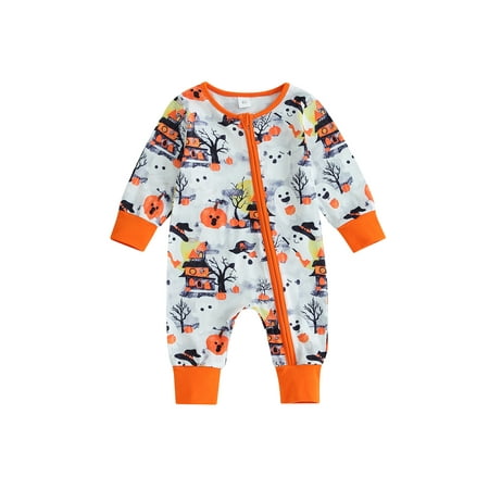 

Infant Baby Girls Boys Halloween Outfits Casual Crewneck Jumpsuit Long Sleeve Ghost Pumpkin Print Oblique Zipper Romper Clothes