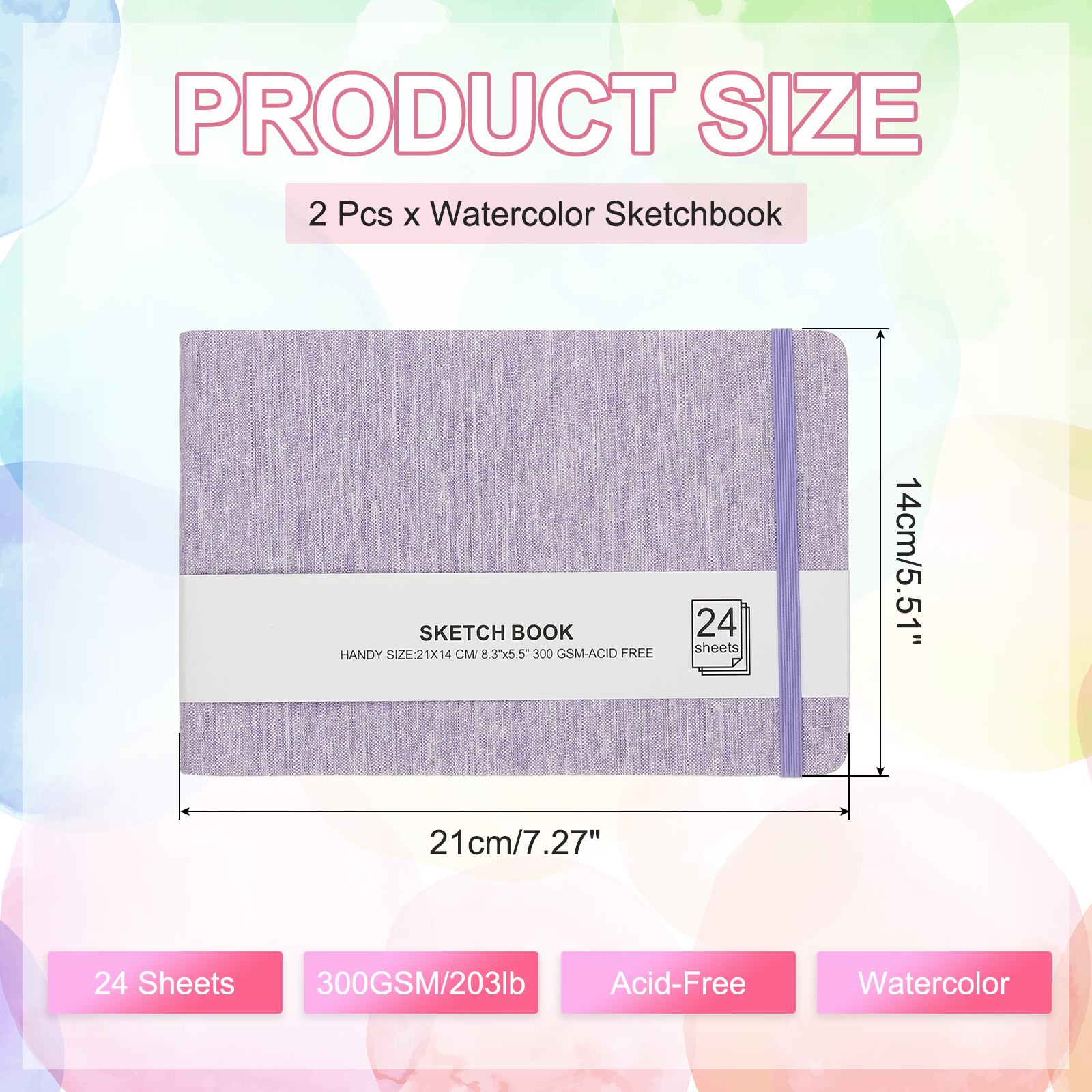 Uxcell 8.3x5.5" Square Watercolor Sketchbook, 2Pcs 24 Sheet 300gsm/140lb, Light Purple
