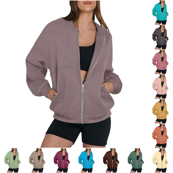 TIANZEN Women‘s Winter Long Sleeve Zip Up Hoodless Sweatshirt Casual Solid Color Lined Jacket With Pockets Sweatshirts Women Hoodie
