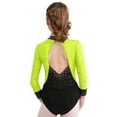 thumbnail image 4 of SiiRoh Girls Long Sleeve Gymnastics Leotard Sparkly Color Block Skirted Bodysuit for Dance Skating Fluorescent Yellow 10, 4 of 7