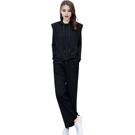 3 Pcs/Set Women Vest Top Pants Set Hooded Drawstring Sleeveless Hoodie Long Sleeve O Neck Top Elastic Waist Wide Leg Pants Set Casual Commuting Daily Outfit