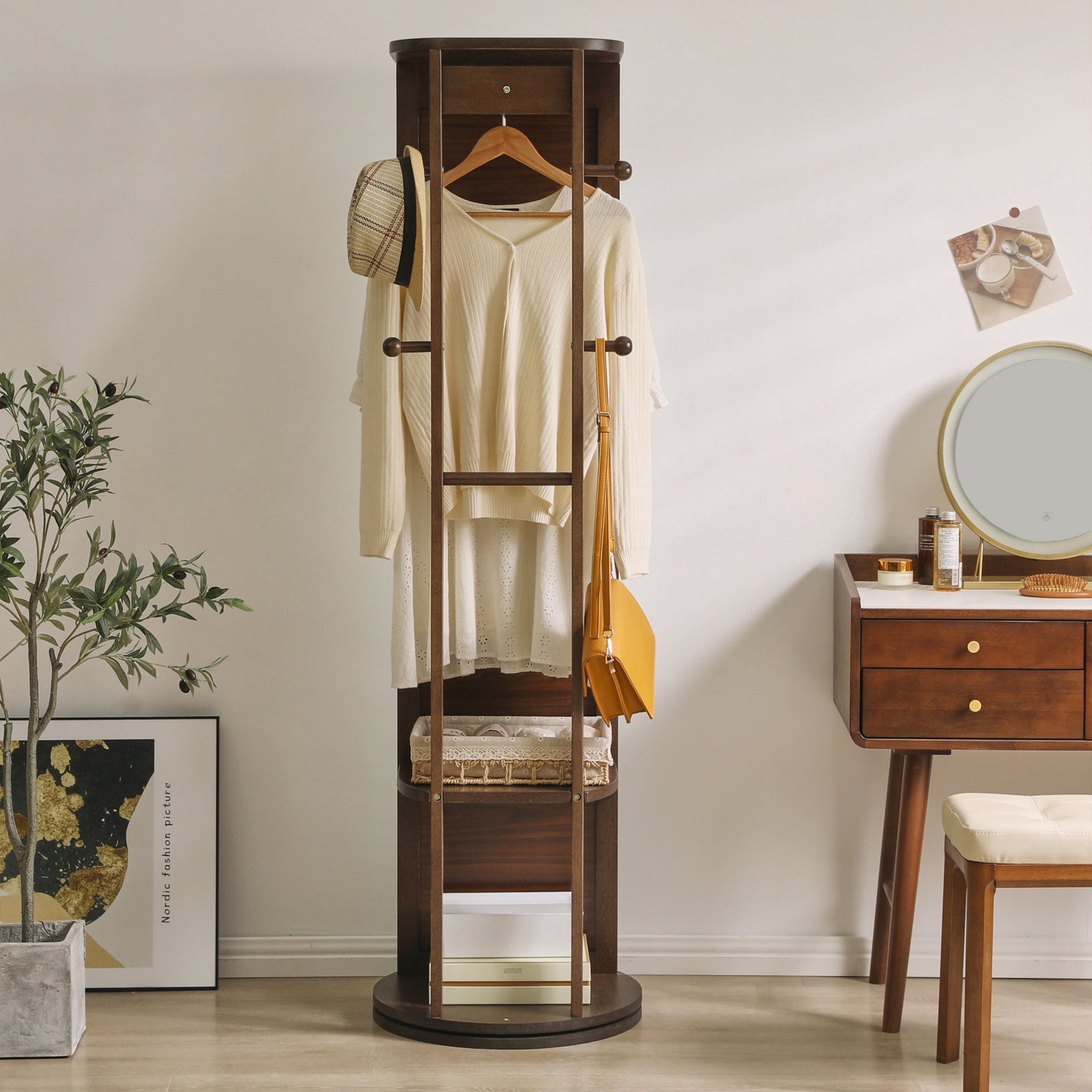 Noble House 67.72" Rotating Full Length Mirror Cabinet, Solid Rubber Wood Jewelry Armoire, Walnut