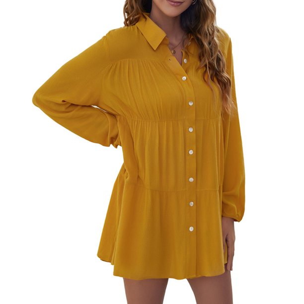 Vestido camisero para mujer, cuello vuelto, abotonado, manga larga, volantes, blusa, minivestido inf Abanopi Amarillo/Grande