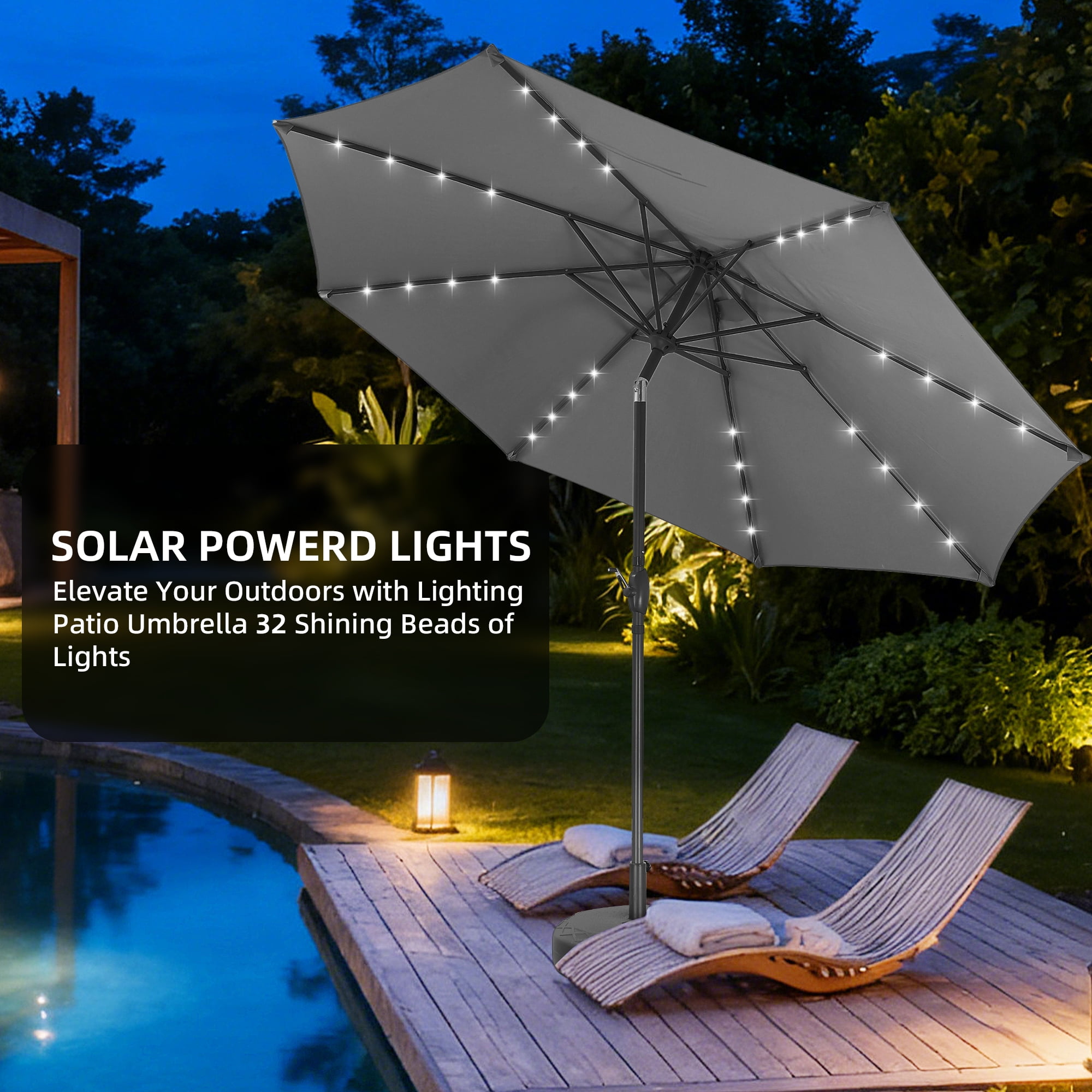 Autlaycil 10 FT Patio Umbrella with Base, Steel Tilt and Crank, Includes 32 Solar LED Lights, Grey