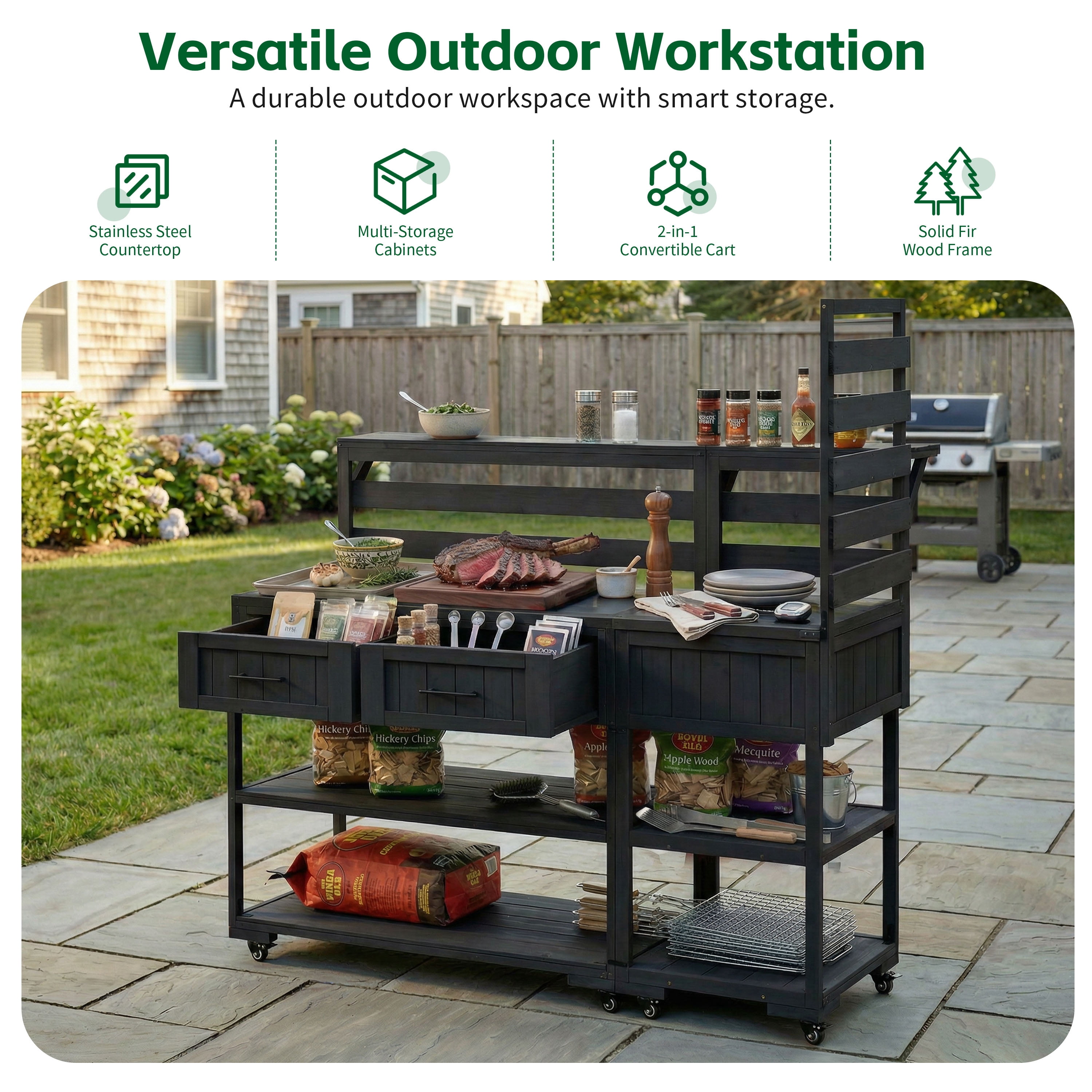 62.3" Outdoor Grill Cart with Stainless Steel Top – Solid Wood Patio Kitchen Cart, Raised Shelf, Drawers, BBQ Prep Table for Backyard, Black